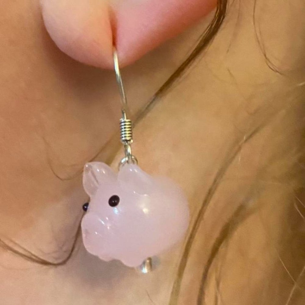Glass Pink Pig 🐷Steel Dangly Earrings